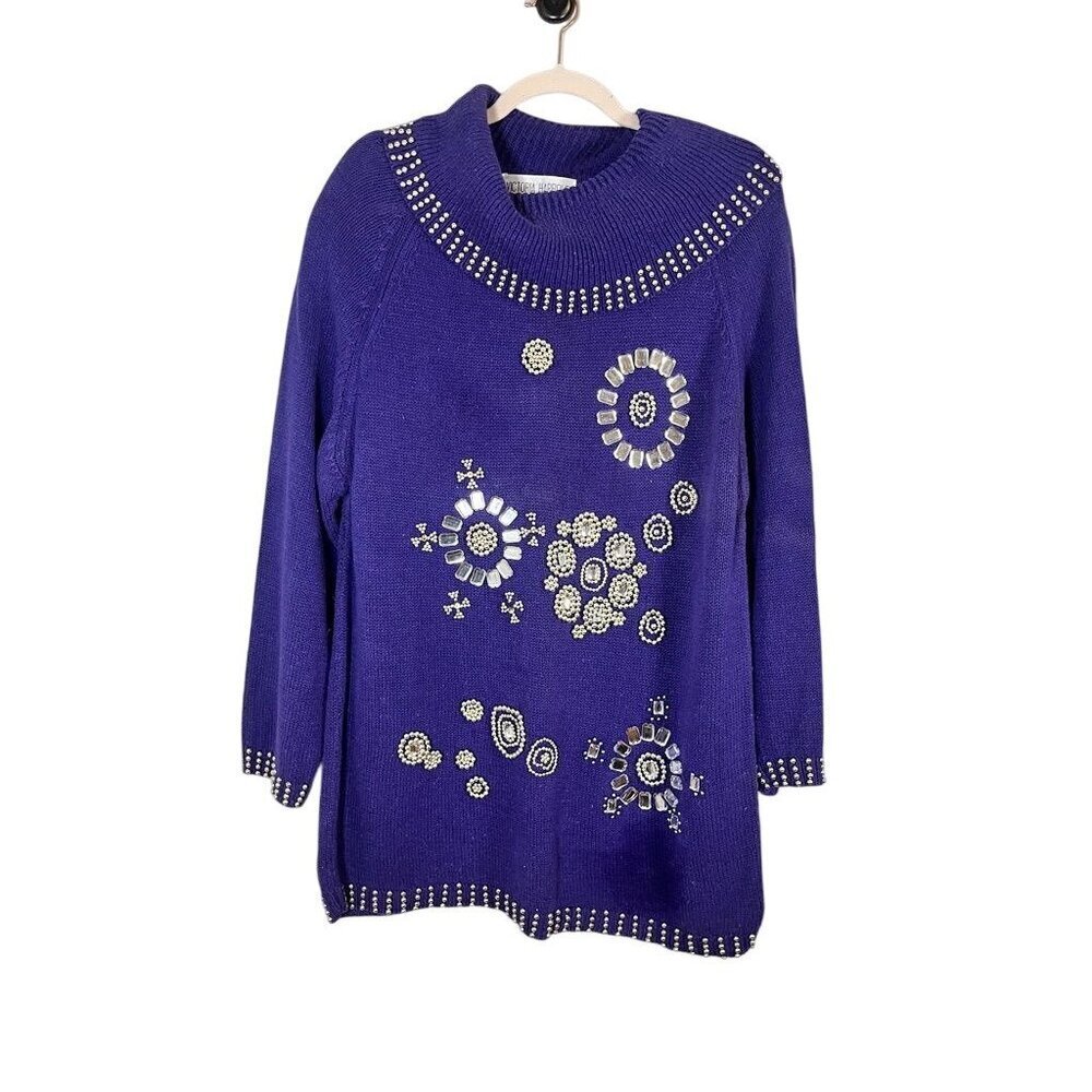 Victoria Harbour Beaded Cowl Neck Sweater L Purple Studded Retro‎ Jeweled Chic